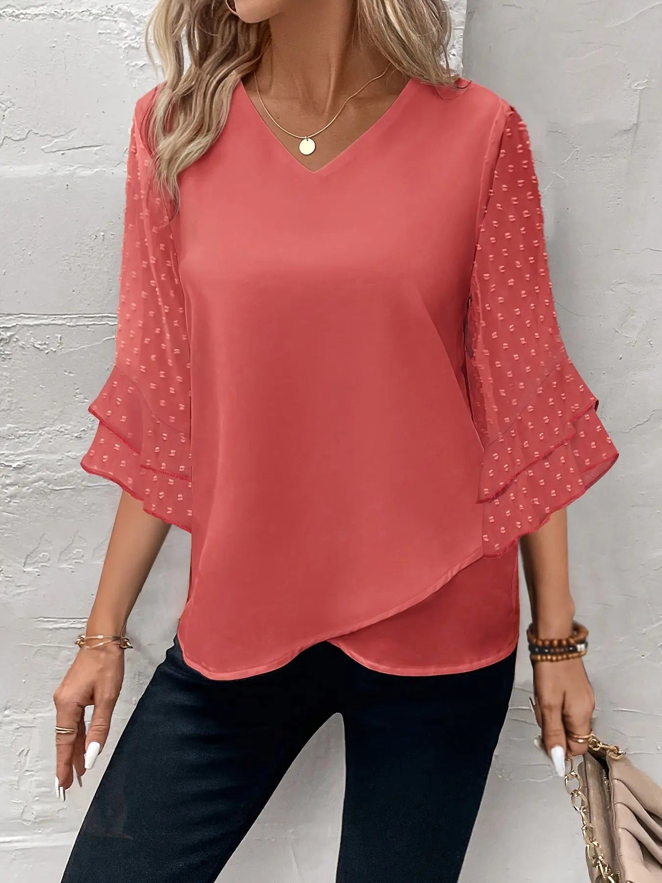 Swiss Dot Ruffle Hem Blouse, Elegant Delicate Layered Half Sleeve Asymmetrical V-Neck Blouse For Spring And Summer, Women's Clothing MyFave Boutique