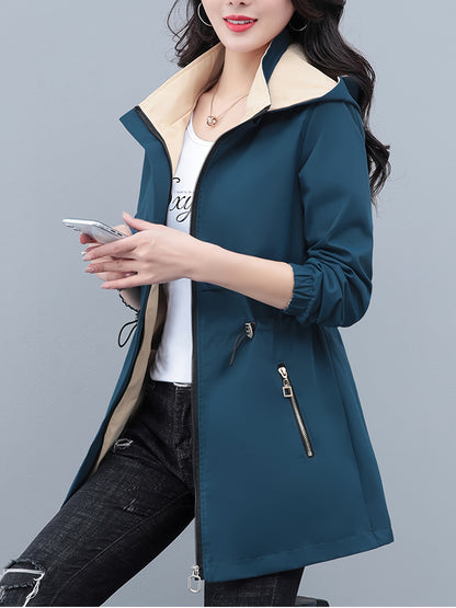 Color Block Zip-up Hoodie Windbreaker Jacket, Casual Long Sleeve Slant Pockets Drawstring Jacket For Spring & Fall, Women's Clothing MyFave Boutique