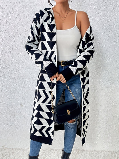 Color Block Long Sleeve Hooded Cardigan, Stylish Geo Pattern Open Front Cardigan For Fall & Winter, Women's Clothing MyFave Boutique