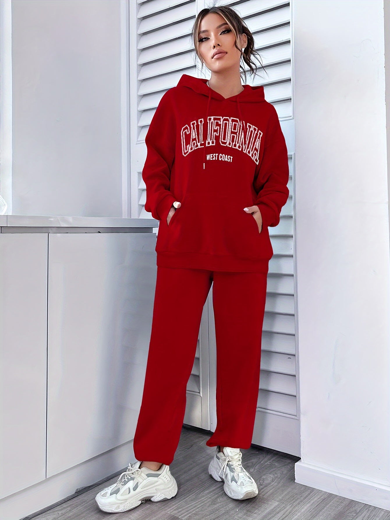 Women's Letter Print Sporty Lounge Set, Long Sleeve Hooded Sweatshirt With Kangaroo Pockets & Jogger Pants, Comfortable Relaxed Fit For Fall & Winter MyFave Boutique