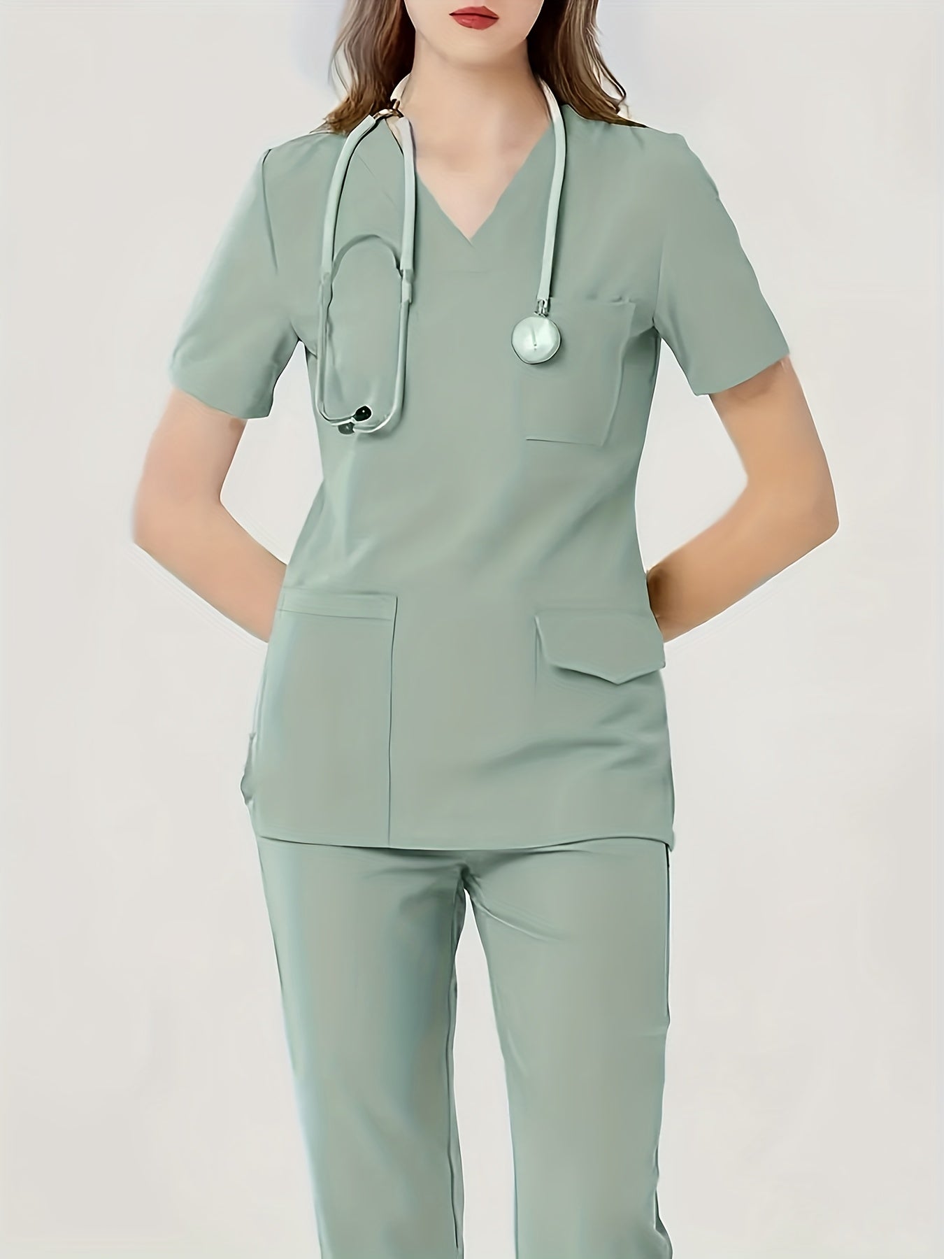 Comfortable & Functional Matching Two-piece Set, Pockets V-neck Top & Solid Pants Health Care Uniform, Women's Clothing MyFave Boutique