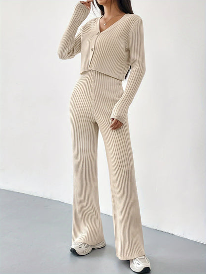 Solid Ribbed Knit Two-piece Set, Casual Long Sleeve V-neck Button Front Cardigan & Slim Straight Leg Pants Outfits, Women's Clothing MyFave Boutique