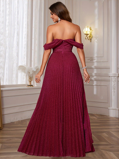 Glitter Off Shoulder Pleated Dress, Elegant Backless Maxi Dress For Party & Banquet, Women's Clothing MyFave Boutique