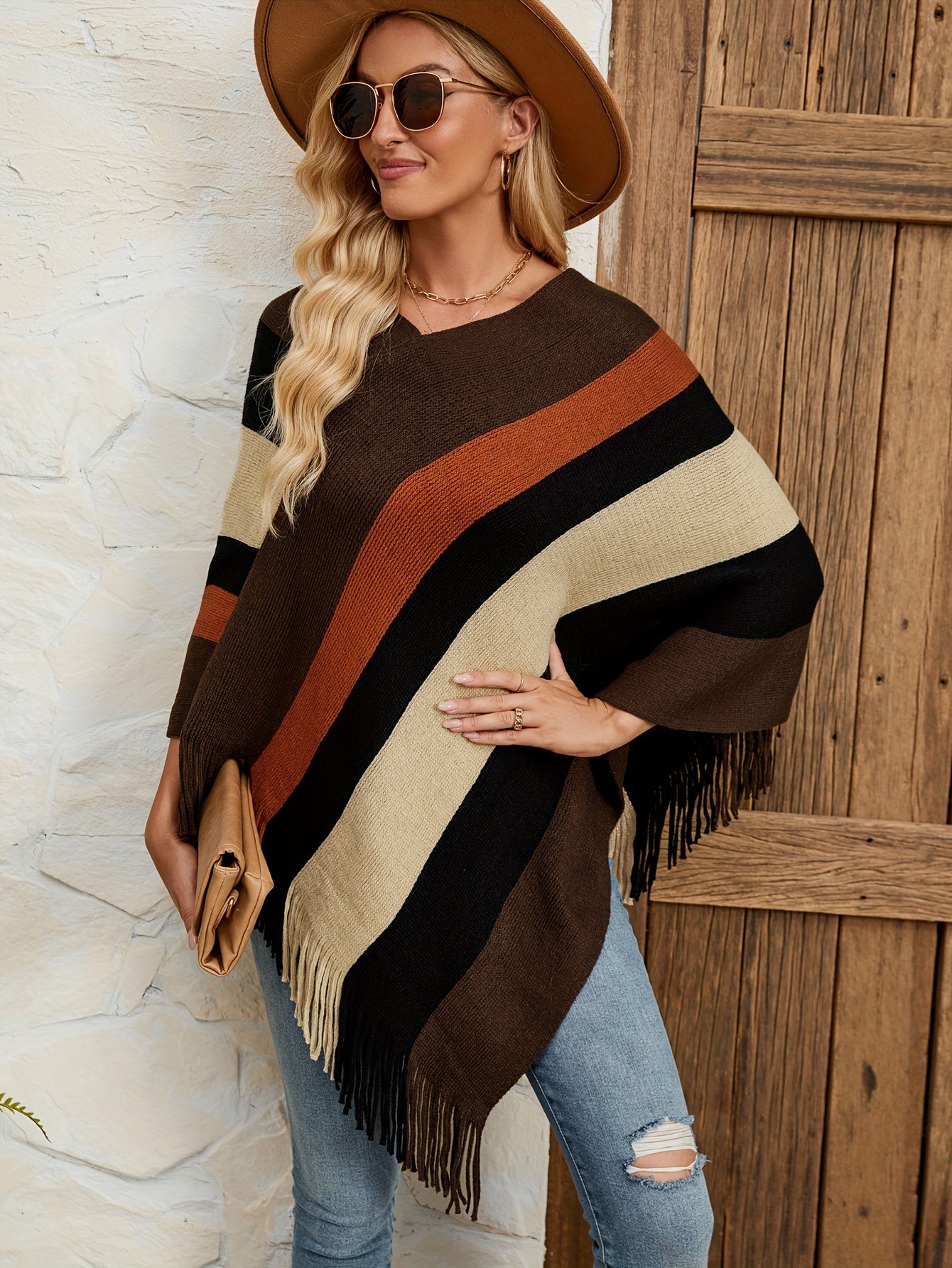 Striped Pattern Fringe Hem Poncho Sweater, Elegant Batwing Sleeve Knitted Top For Spring & Fall, Women's Clothing MyFave Boutique