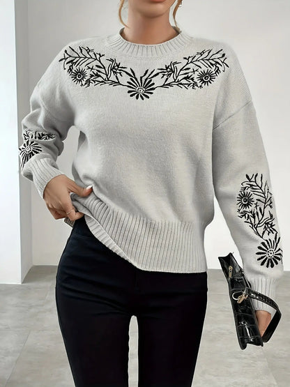 Elegant Embroidered Floral Knit Sweater for Women - Cozy Acrylic Pullover with Long Sleeves, Perfect for Fall & Winter MyFave Boutique