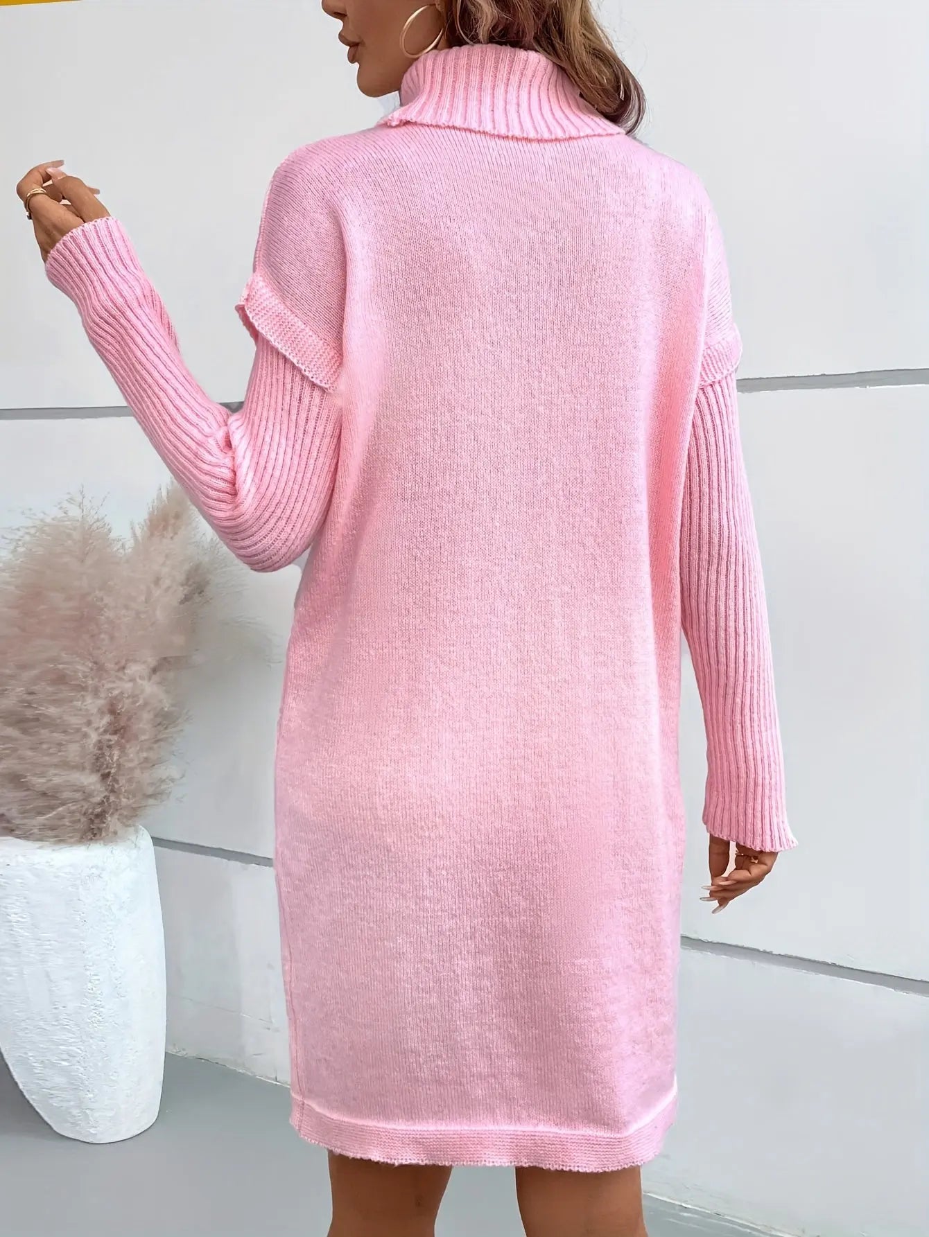 Long Sleeve Cable Knit Dress, Elegant Solid Color Turtle Neck Drop Shoulder Slim Dress For Fall & Winter, Women's Clothing MyFave Boutique