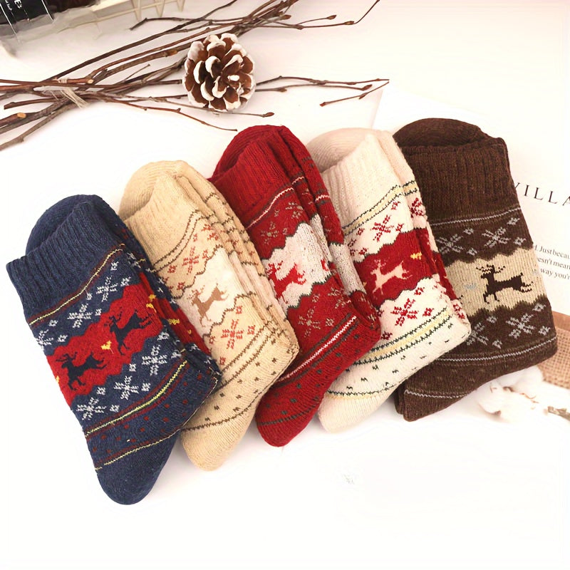 5pcs Cozy Thick Wool Socks for Women - Cute Reindeer & Snowflake Patterns, Soft Polyester Blend, Perfect for Winter Warmth MyFave Boutique