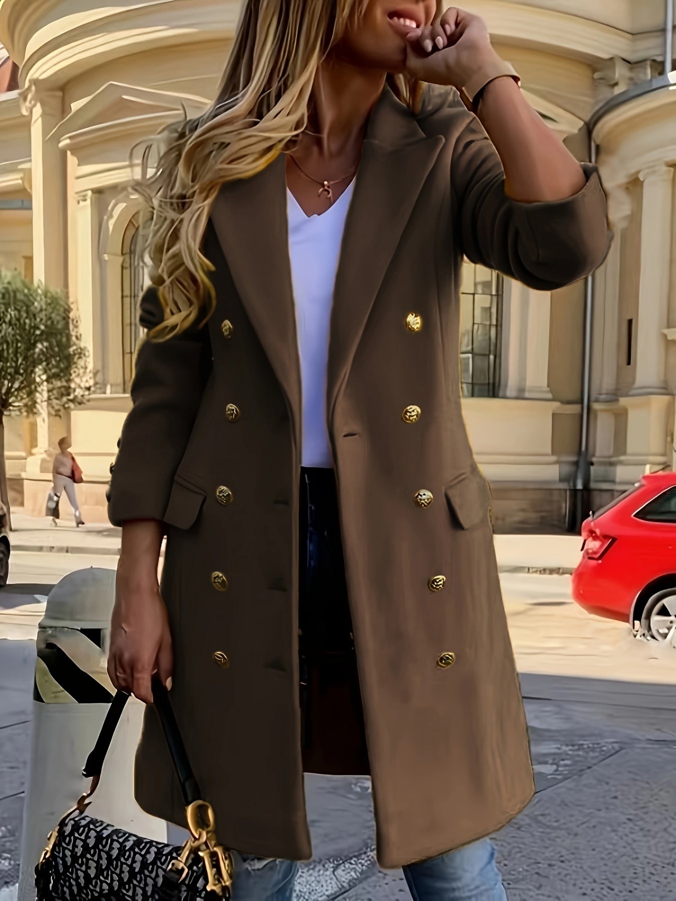 Women's Elegant Double-Breasted Notched Collar Coat for Fall & Winter - Stylish Long Sleeve Outerwear for Warmth and Fashionable Look MyFave Boutique