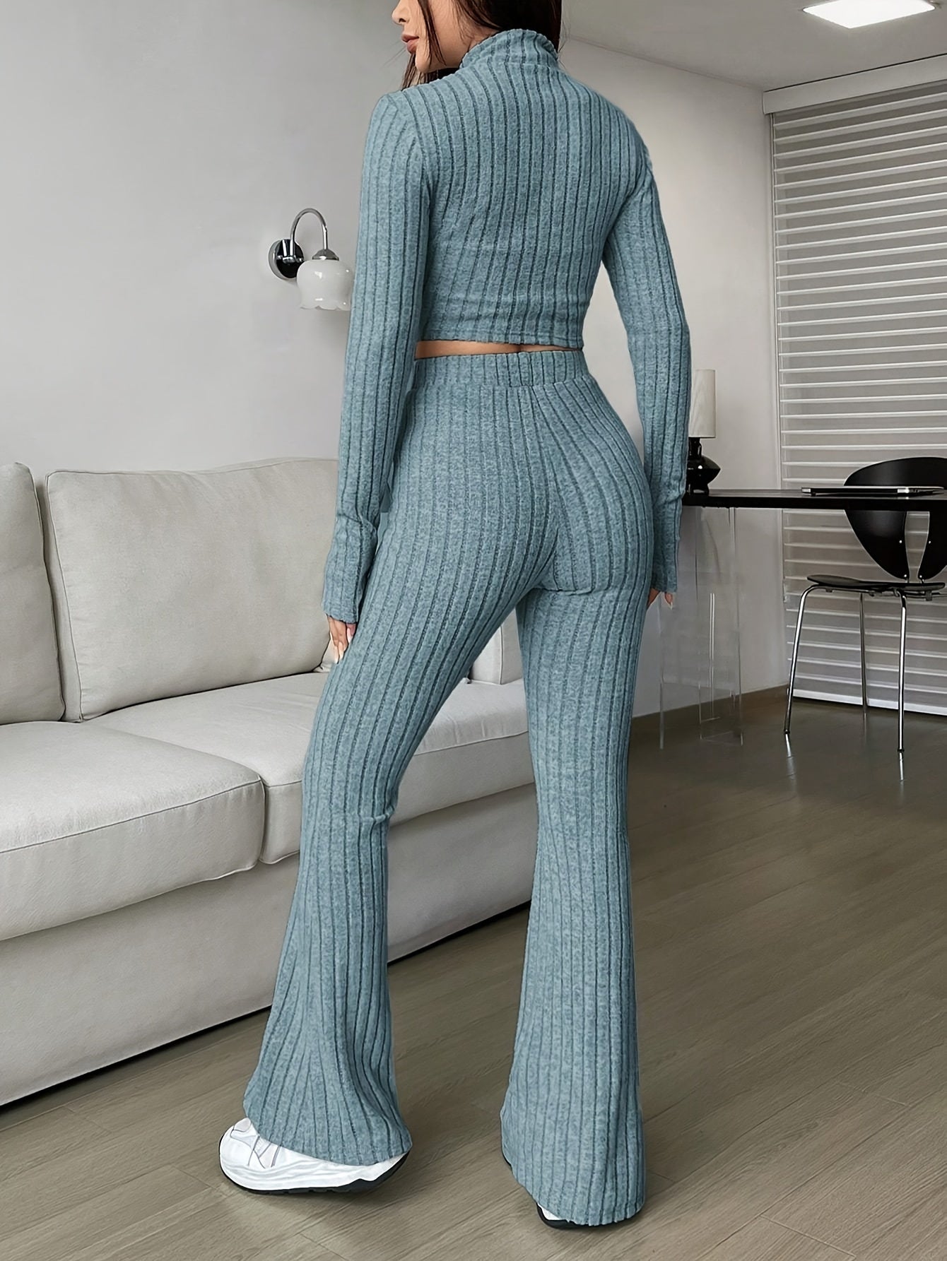 Rib Knit Solid Color Casual Pantsuits, Full Zip Long Sleeve Crop Outwear & High Waist Bootcut Leg Pants Outfits, Women's Clothing MyFave Boutique