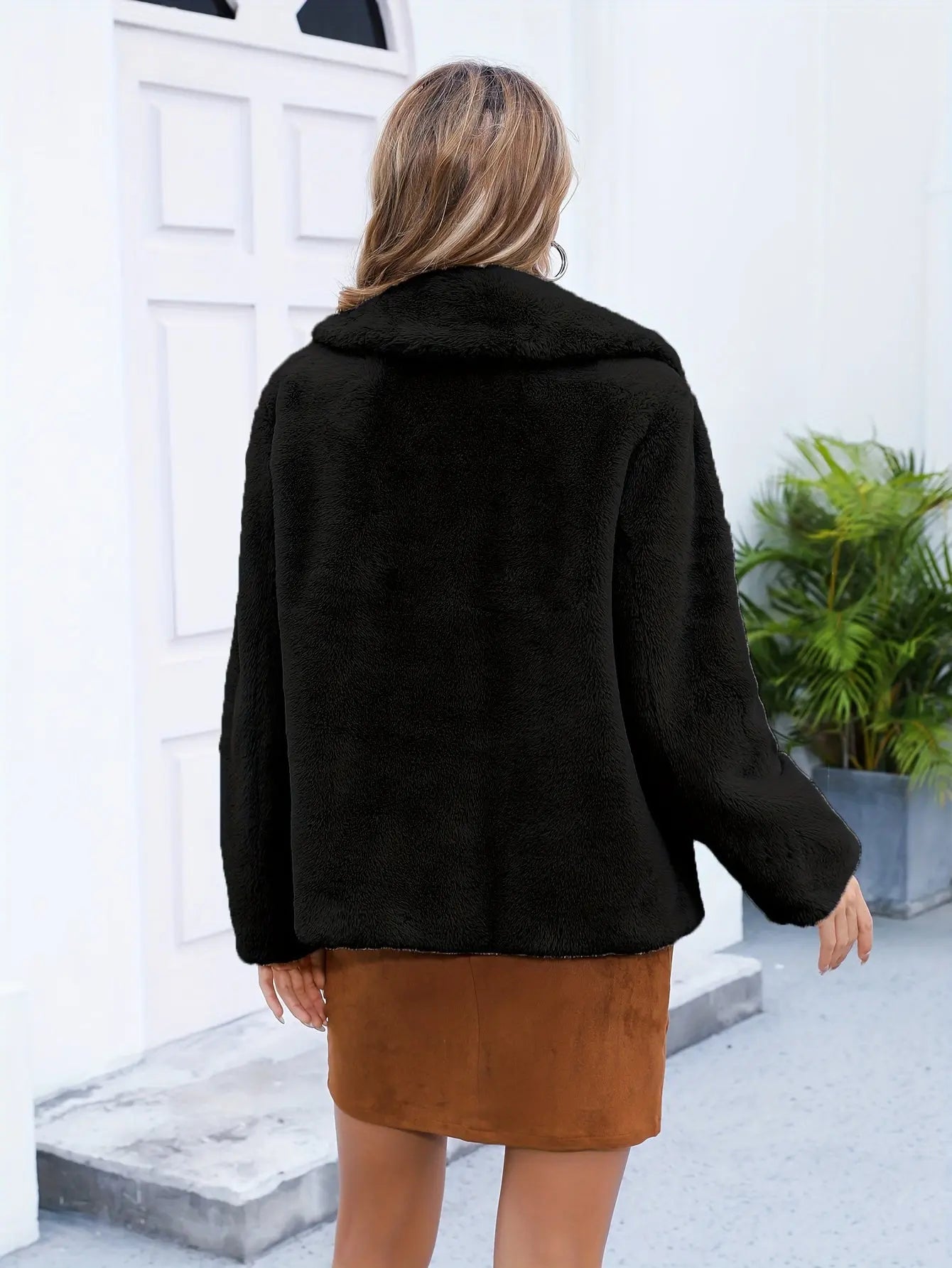 Solid Faux Fur Coat, Casual Long Sleeve Winter Warm Outerwear, Women's Clothing MyFave Boutique