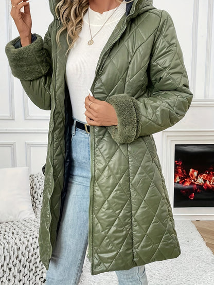 Zip-up Hoodie Longline Quilted Puffy Coat, Casual Long Sleeve Insulated Coat For Winter, Women's Clothing MyFave Boutique