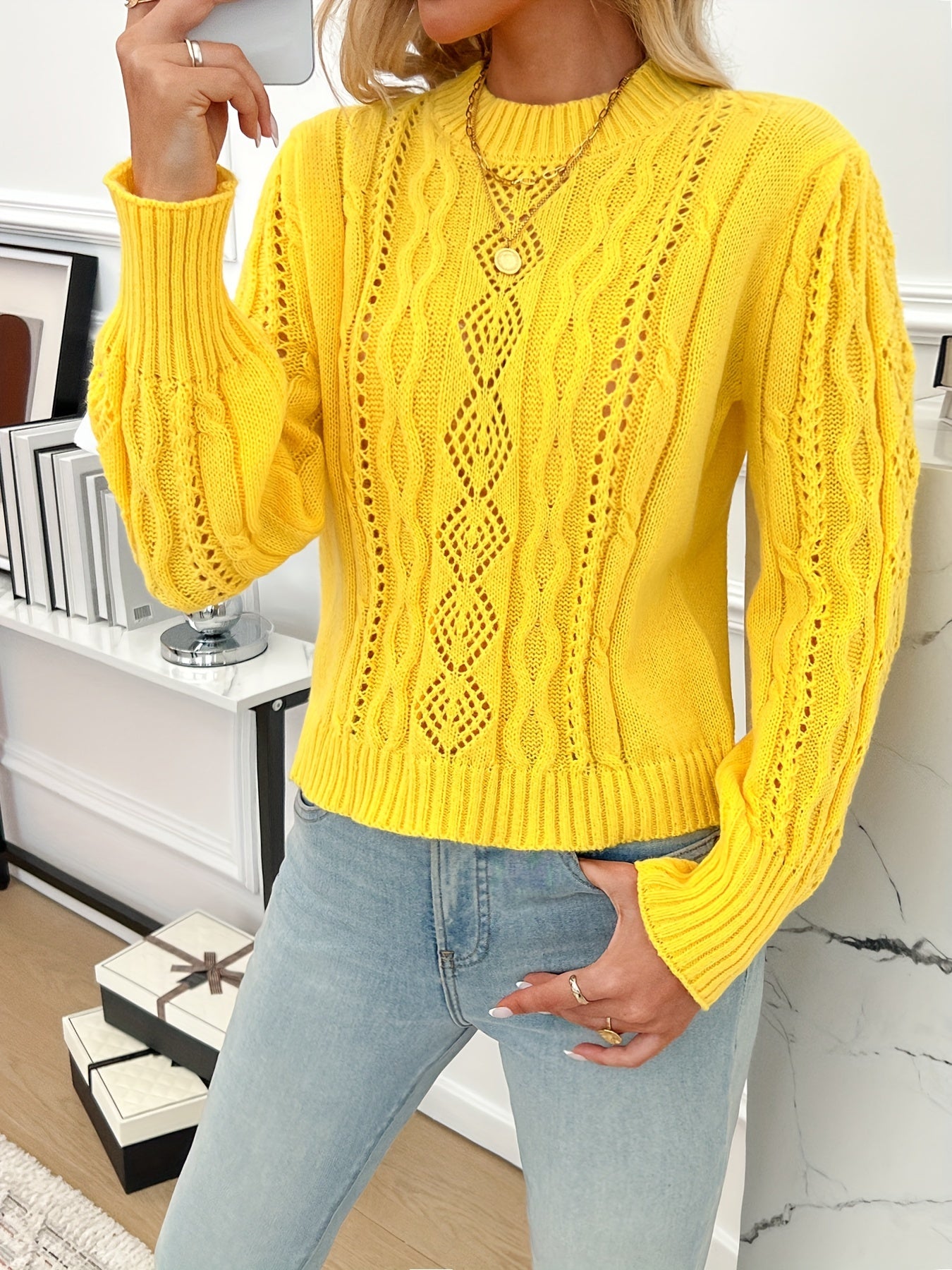 Cable Knit Crew Neck Sweater, Casual Solid Hollow Long Sleeve Pullover Sweater For Fall & Winter, Women's Clothing MyFave Boutique