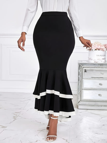 Contrast Trim High Waist Mermaid Hem Skirt, Elegant Bodycon Skirt For Spring & Summer, Women's Clothing MyFave Boutique