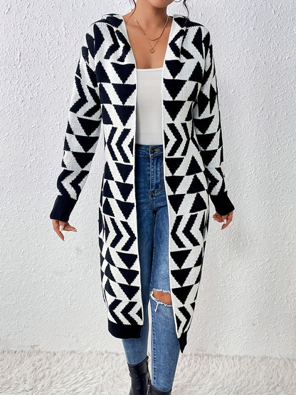 Color Block Long Sleeve Hooded Cardigan, Stylish Geo Pattern Open Front Cardigan For Fall & Winter, Women's Clothing MyFave Boutique