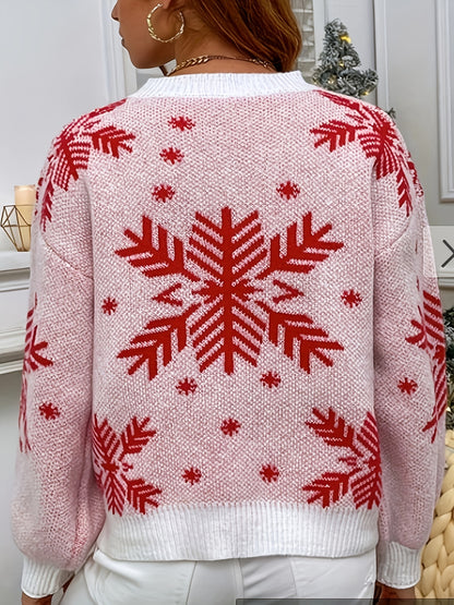 Christmas Snowflake Pattern Pullover Sweater, Casual Crew Neck Long Sleeve Sweater, Women's Clothing MyFave Boutique