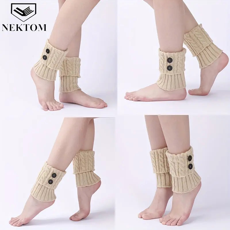 NEKTOM Women's Leg Warmers - 4 Pairs Cotton Blend Knit Knee-Length Boot Cuffs with Buttons, Solid Color Hand Washable Socks for Winter MyFave Boutique