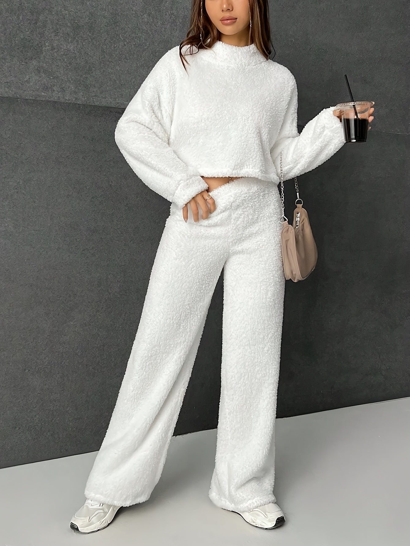 Y2K Style Polyester Teddy Pullover And Pants Set, High Neck, Machine Washable, Autumn/Winter Outfit MyFave Boutique