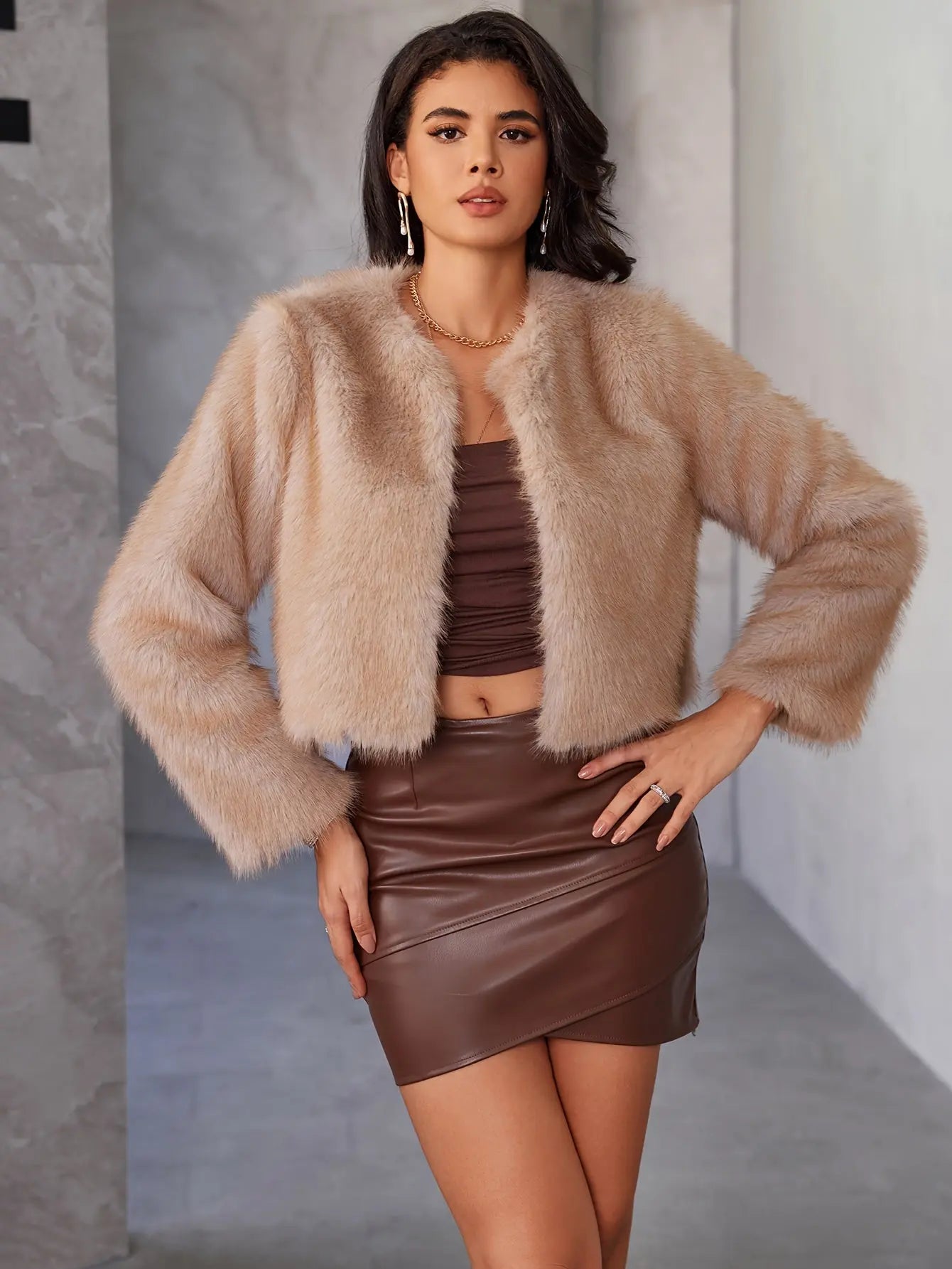 Open Front Faux Fur Crop Coat, Elegant Thermal Long Sleeve Fluffy Coat For Fall & Winter, Women's Clothing MyFave Boutique