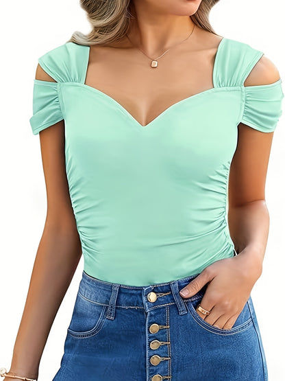 Solid Sweetheart Neck Slim T-shirt, Sexy Cold Shoulder Ruched Short Sleeve Spring And Summer T-Shirt, Women's Clothing MyFave Boutique