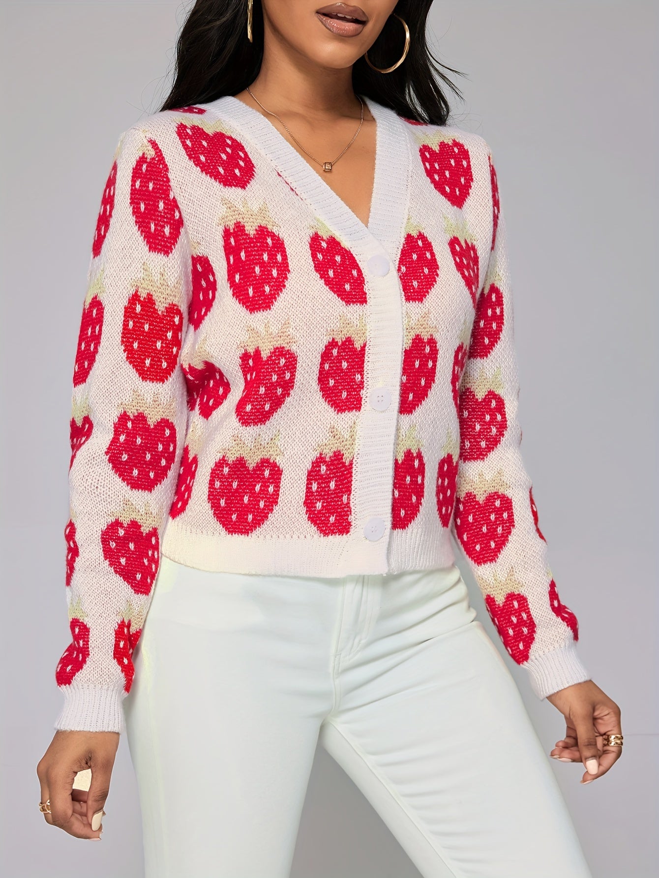 Strawberry Pattern Button Front Cardigan, Elegant Long Sleeve Drop Shoulder Outwear, Women's Clothing MyFave Boutique