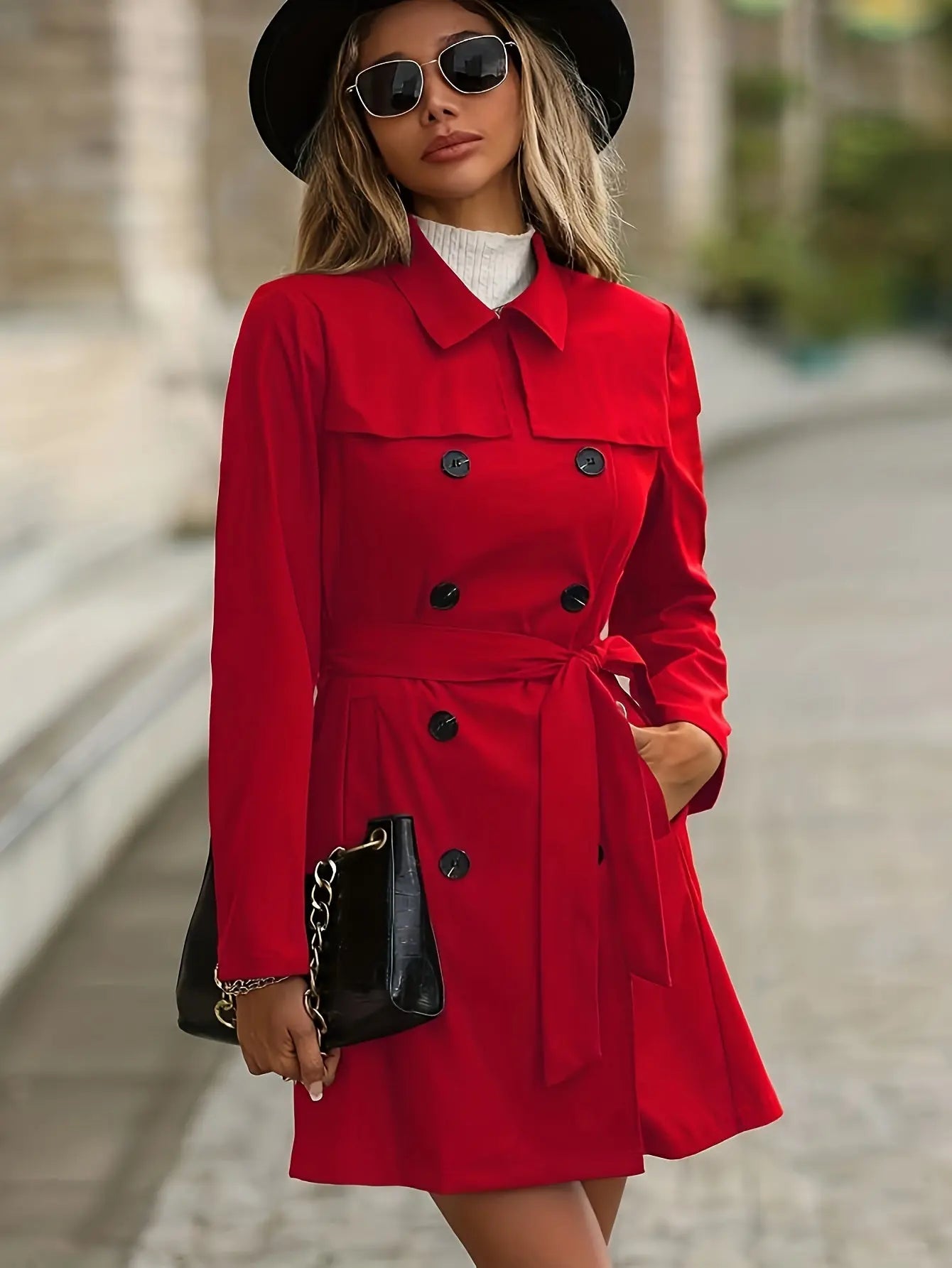 Women's Classic Double Breasted Red Trench Coat with Belt, Casual Solid Color Polyester Long Jacket with Button Details, Woven Outerwear MyFave Boutique