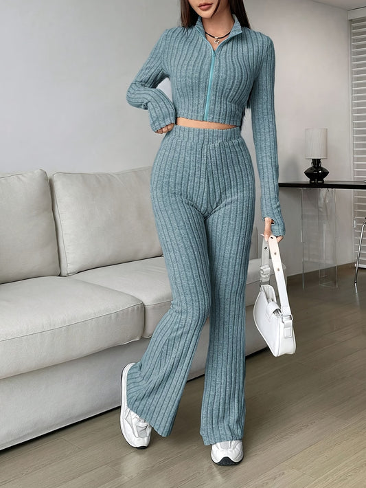 Rib Knit Solid Color Casual Pantsuits, Full Zip Long Sleeve Crop Outwear & High Waist Bootcut Leg Pants Outfits, Women's Clothing MyFave Boutique