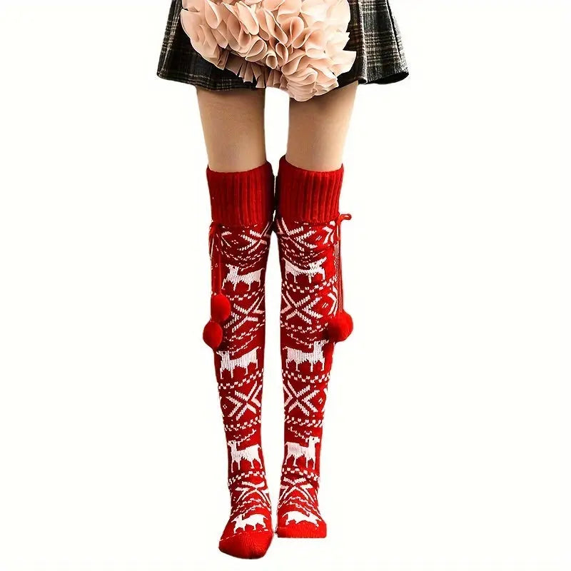 Cozy Christmas Reindeer Over-the-Knee Socks for Women - Thick Knit with Pompom Detail, Elegant Style, Acrylic Blend MyFave Boutique