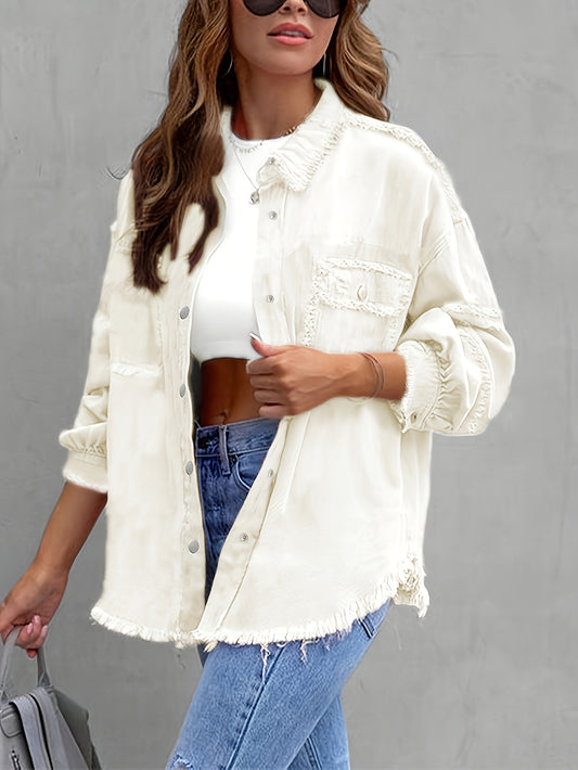 Women's Casual Chic Plain Denim Jacket, Fashion Trendy Style, Frayed Hem, Button-Up, Pockets, Versatile Streetwear For Daily And Travel MyFave Boutique