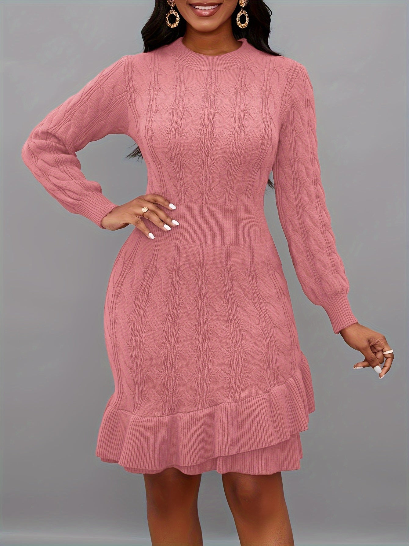 Knit Layered Hem Sweater Dress, Elegant Long Sleeve Dress, Women's Clothing MyFave Boutique