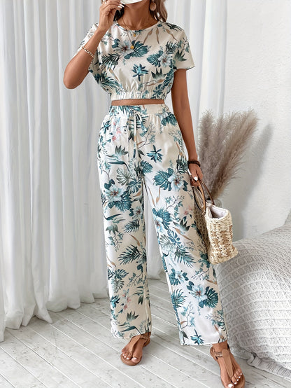 Floral Print Vacation Style Set, Crop Short Sleeve Crew Neck Blouse & Loose Wide Leg Pants, Women's Clothing MyFave Boutique