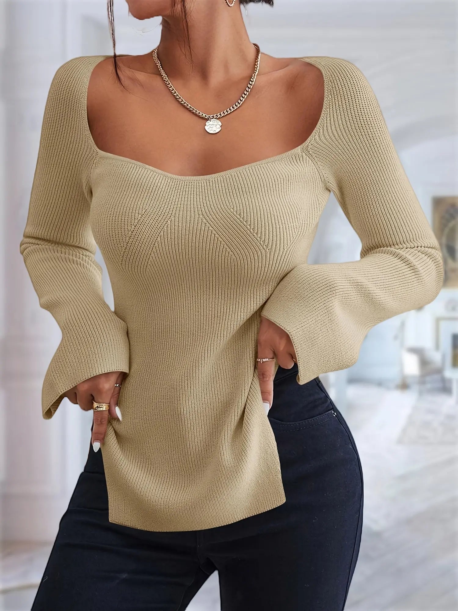 Womens Square Neck Sexy Pullover Sweaters Ribbed Knit Long Bell Sleeve Slim Fit Split Stretch Jumper Tops MyFave Boutique