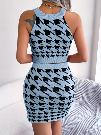 Houndstooth Pattern Two-piece Set, Y2K Tank Top & Bodycon Skirt Outfits, Women's Clothing MyFave Boutique