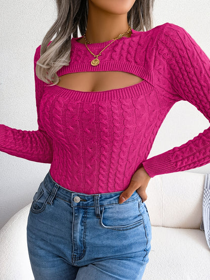 Hollow Twist Knit Sweater Casual Solid Crew Neck Slim Long Sleeve Bottoming Fall Winter Sweater Women's Clothing MyFave Boutique