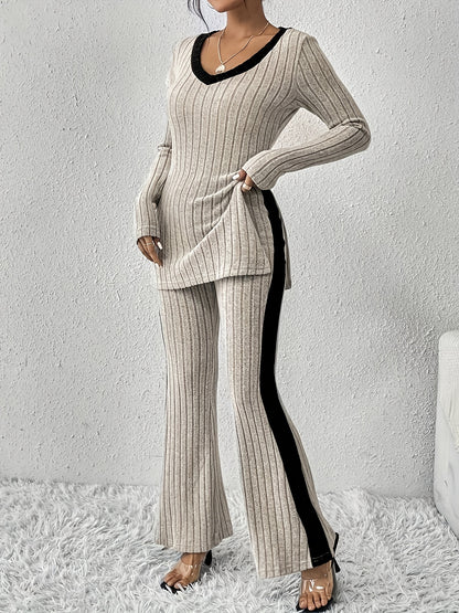 Color Block Rib Knit Pantsuits, Stylish Long Sleeve V Neck Split Hem Top & Flare Leg Pants Outfits, Women's Clothing MyFave Boutique