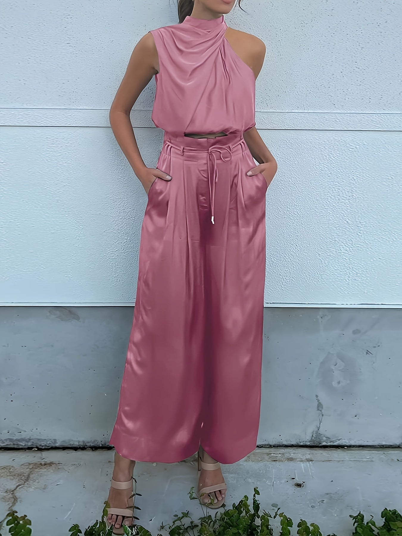 Womens 2024 Summer Sleeveless Mock Neck Crop Tops Wide Leg Pants Set MyFave Boutique