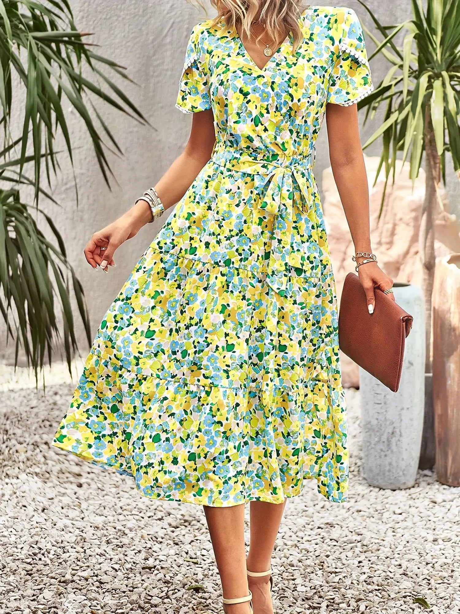 Floral Print Lace Up A-line Dress, Casual V Neck Short Sleeve Dress For Spring & Summer, Women's Clothing MyFave Boutique