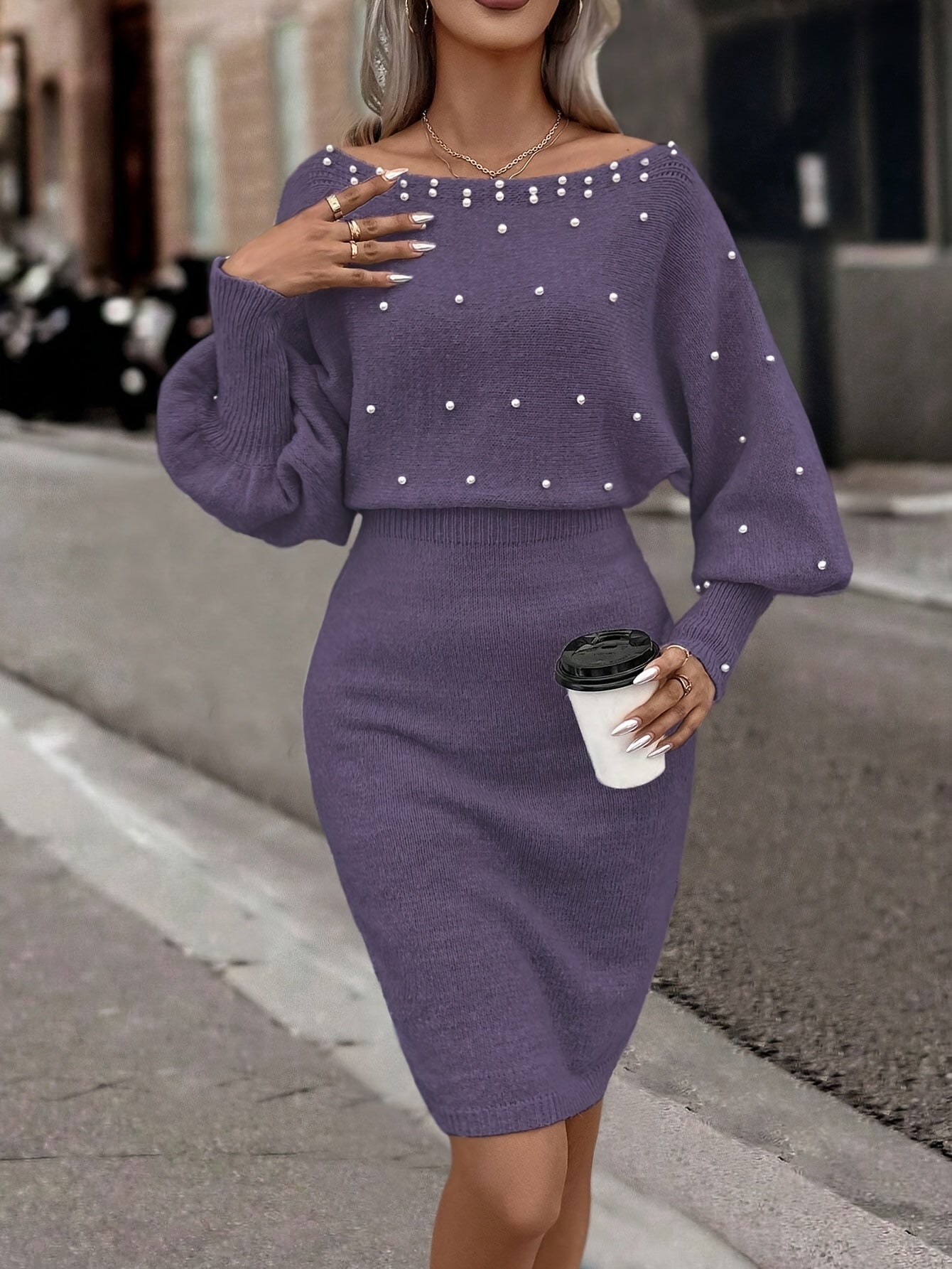 Beaded Boat Neck Bodycon Sweater Dress, Elegant Lantern Sleeve Dress For Spring & Summer, Women's Clothing MyFave Boutique