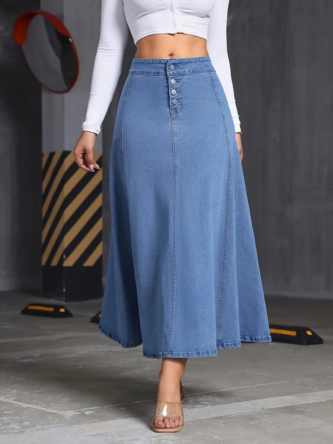 Single-breasted Plain Washed Blue Loose Fit Maxi Denim Skirt, Women's Denim Jeans & Clothing MyFave Boutique