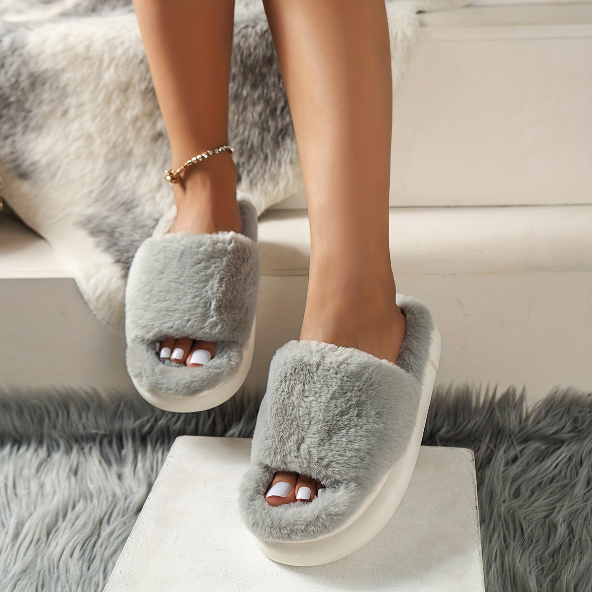 Comfy and Warm Furry House Slippers with Open Toe and Single Band Platform MyFave Boutique