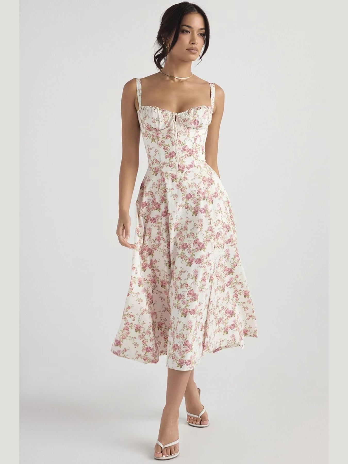 Women's Floral Print High-Low Midi Dress with Spaghetti Straps and Sweetheart Neckline for Summer Elegance MyFave Boutique