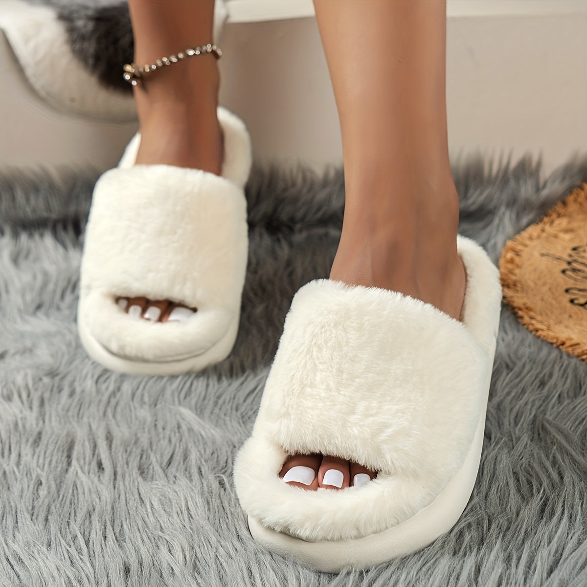 Comfy and Warm Furry House Slippers with Open Toe and Single Band Platform MyFave Boutique