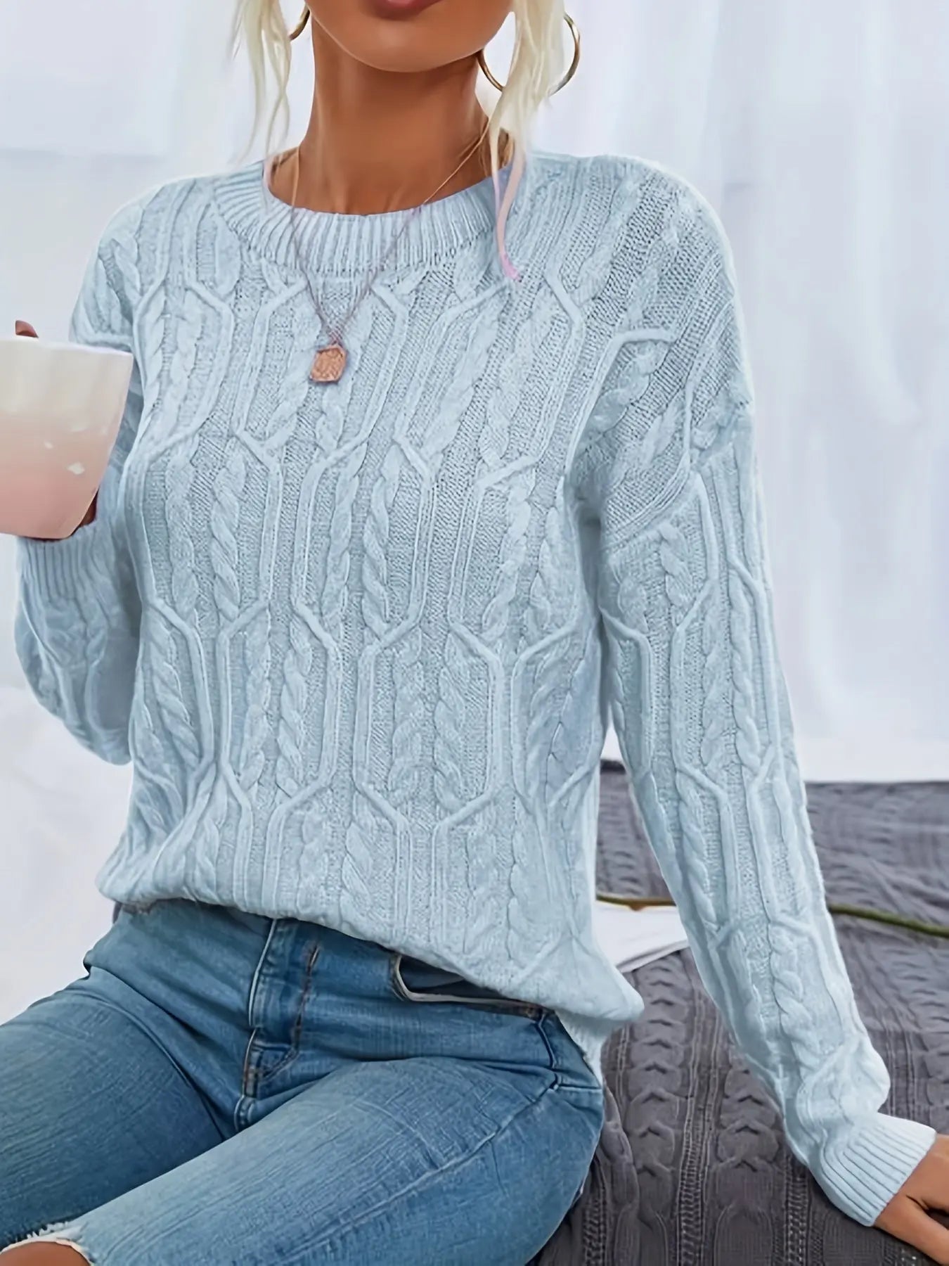 Crew Neck Solid Knitted Sweater, Casual Long Sleeve Sweater, Women's Clothing MyFave Boutique