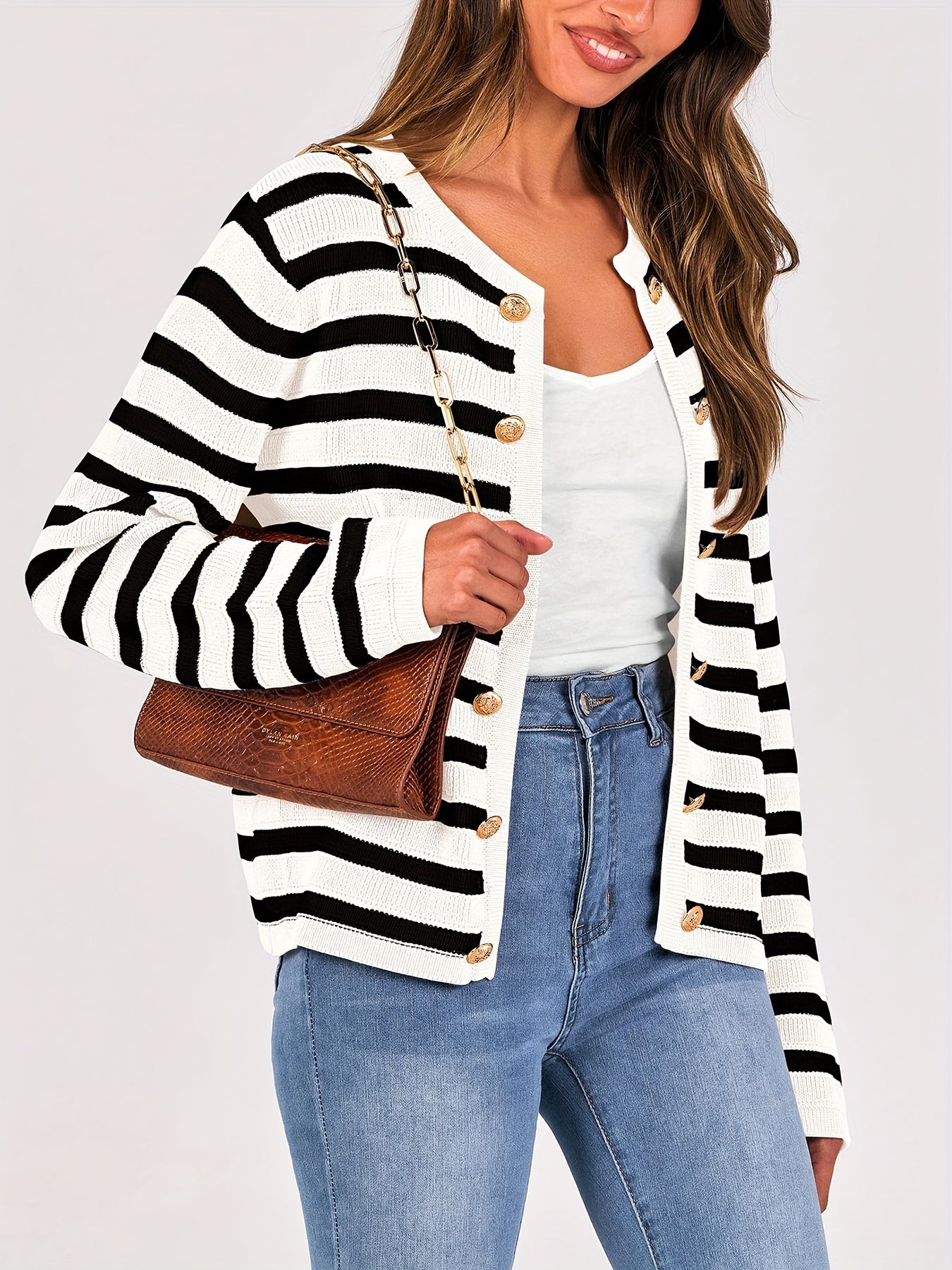 Striped Button Front Knit Cardigan, Elegant Crew Neck Long Sleeve Cardigan For Spring & Fall, Women's Clothing MyFave Boutique