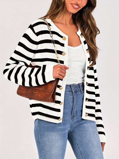 Striped Button Front Knit Cardigan, Elegant Crew Neck Long Sleeve Cardigan For Spring & Fall, Women's Clothing MyFave Boutique