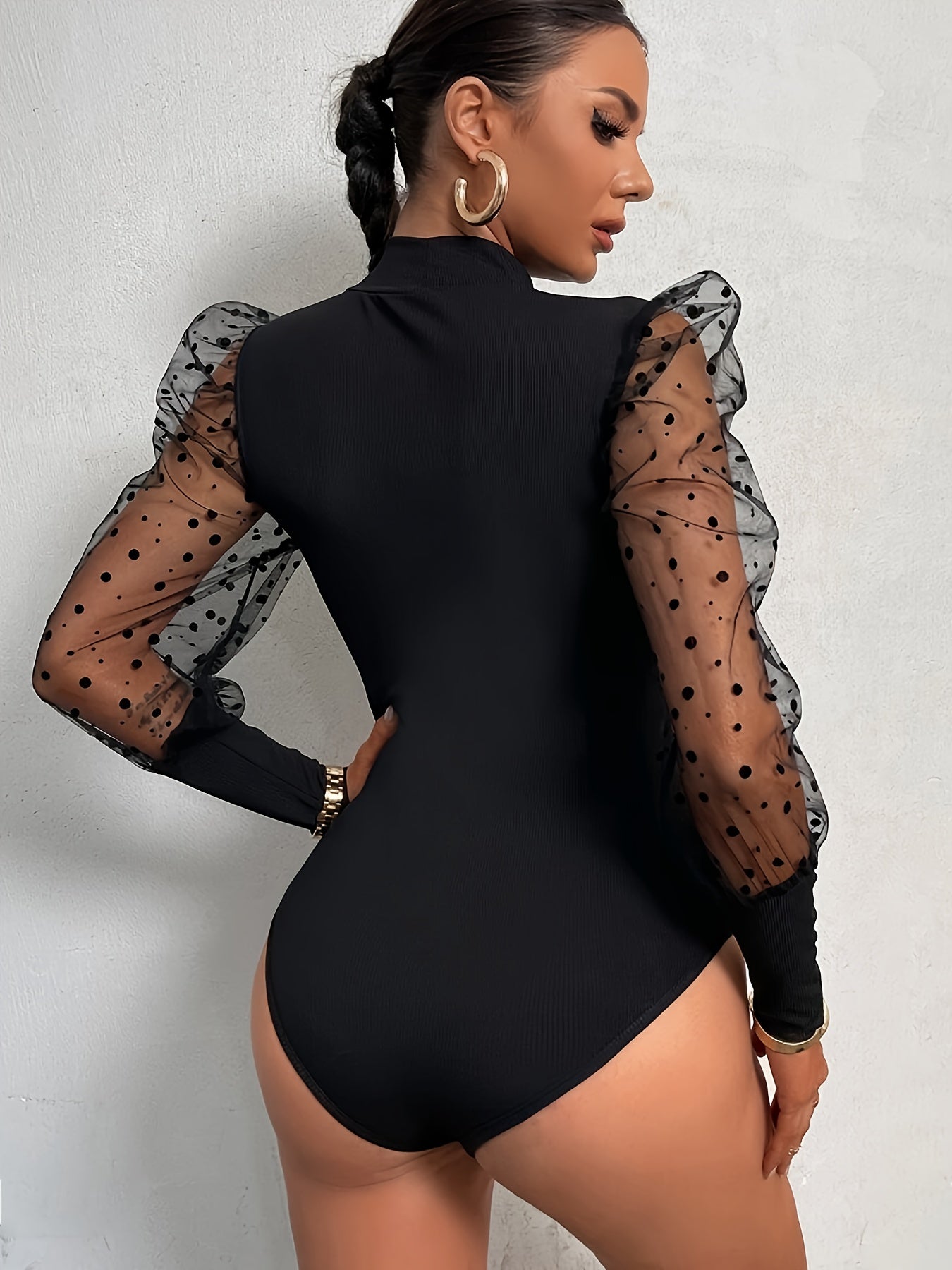 Sexy Long Sleeve Mesh Splicing Mock Neck Bodysuit - Women's Clothing for Spring & Fall - Bodycon, Skinny, Stretchy, Comfortable, and Versatile Bodysuit for Women MyFave Boutique