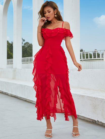 Ruffle Cold Shoulder Dress: Elegant Split Long Dress for Summer - Women's Clothing MyFave Boutique