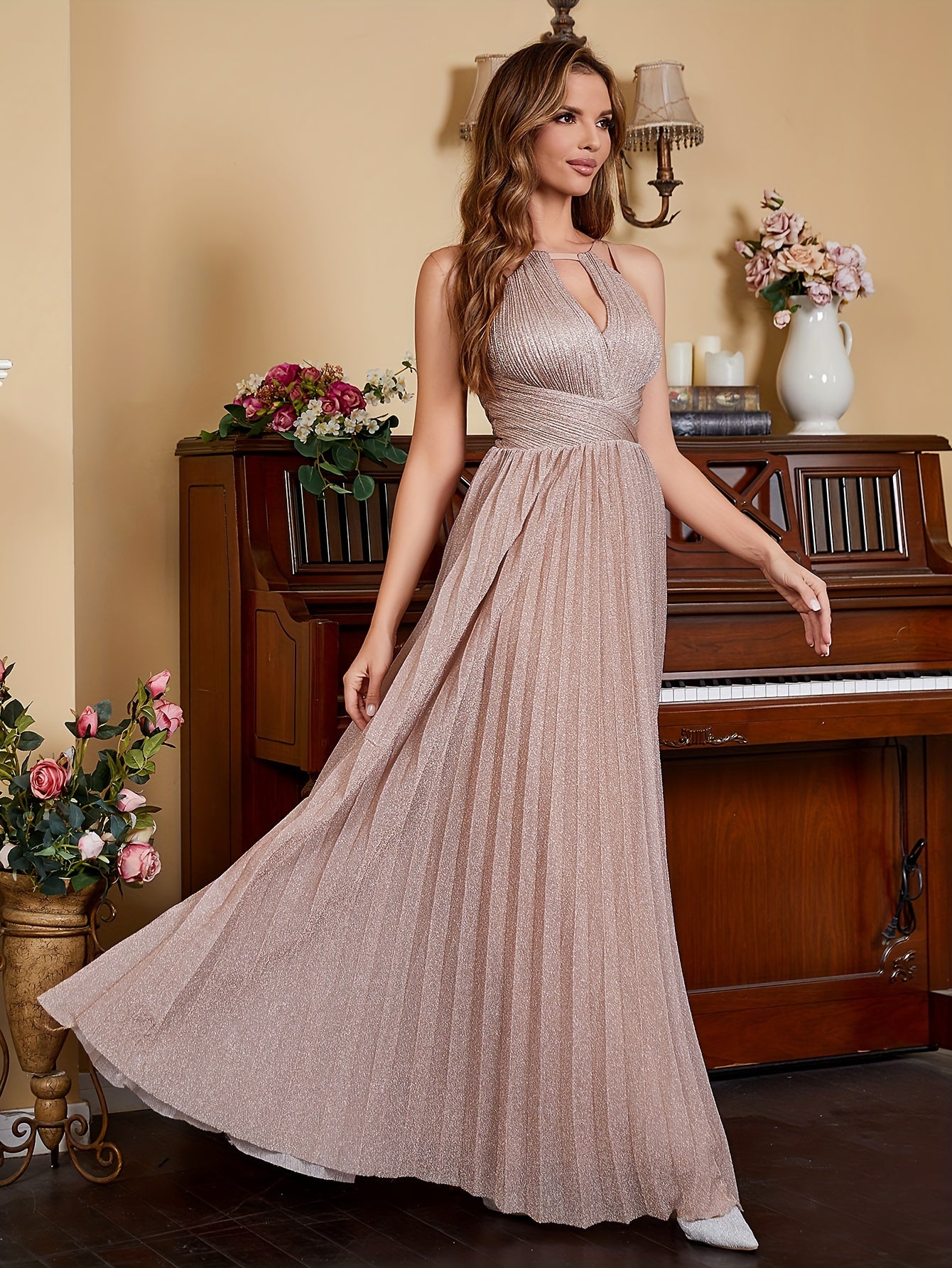 Dusty Rose Sparkly Bridesmaid Dresses Long For Women Wedding Guest Party Gowns Halter Pleated Formal Evening Party Gowns Key Hole Front A-Line Zipper Back Homeocming Dresses Long For Teens Hoco Cocktail Gowns MyFave Boutique