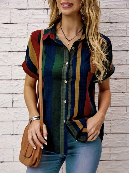 Women's Striped Shirt Button Down Short Sleeved Pocket Front Shirt Top Spring/summer/autumn Retro Short Sleeved Shirt, Women's Clothing MyFave Boutique