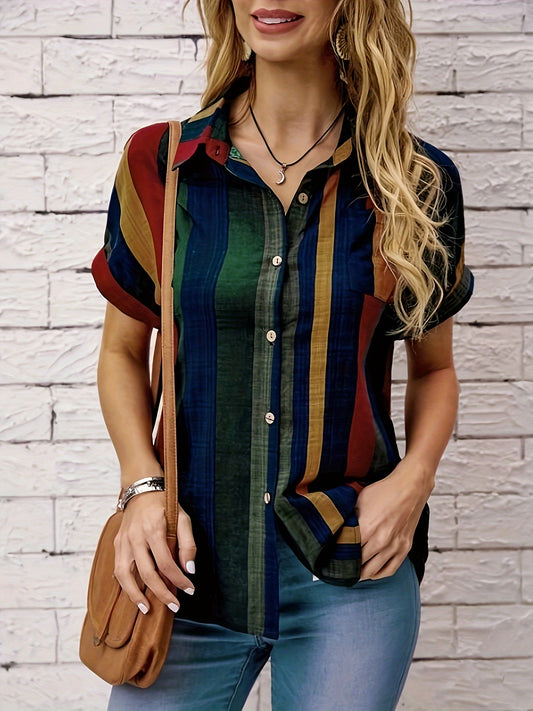 Women's Striped Shirt Button Down Short Sleeved Pocket Front Shirt Top Spring/summer/autumn Retro Short Sleeved Shirt, Women's Clothing MyFave Boutique