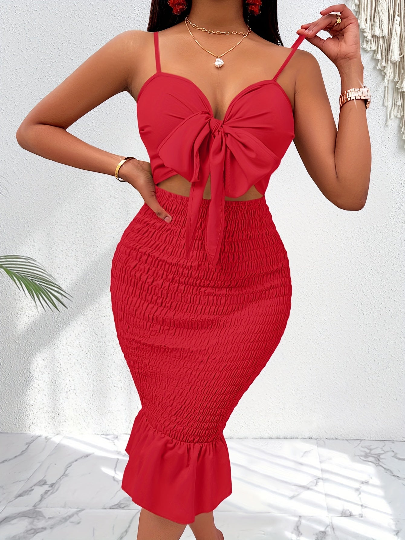 Women's Fashion Ruched Midi Dress, Elegant Shoulder Cutout, Polyester, Plant Pattern, Spring/Summer/Autumn, Fitted Waist, Sleeveless, Adult, Woven Fabric, Elegant Collection MyFave Boutique